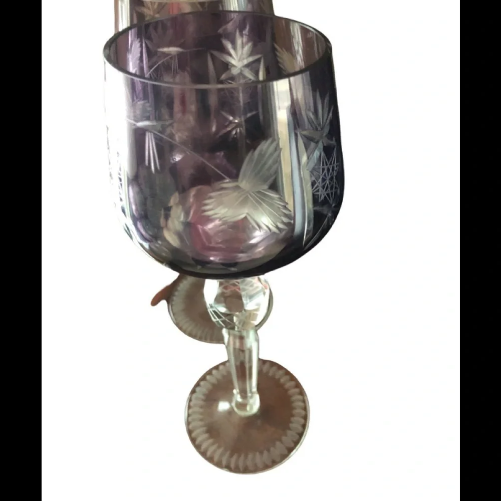 Set of 2 Purple Fine Floral Etched Glass Cut Crystal Wine Glasses Bride Groom